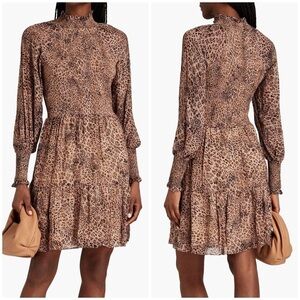 ML Monique Lhuillier Leopard Animal Print Crepe de Chine Mini Dress Long Sleeve